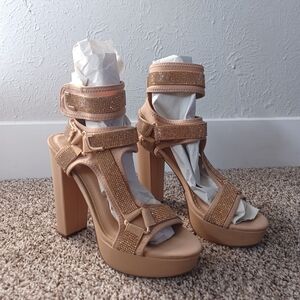 Fashion Nova Bling Nude Rhinestone Strappy Platform Heels